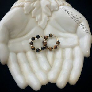 VTG Tiger Eye + Gold HOOP EARRINGS 80s Cat Eye